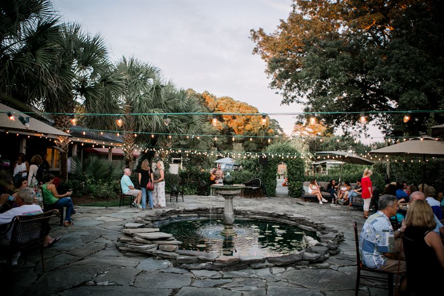 Beautiful stone patio with string lights